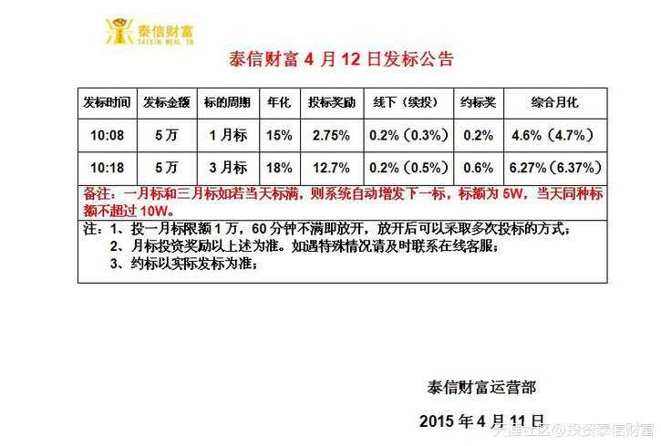 华为手机定金预约好处
:泰信财富4月12日发标公告